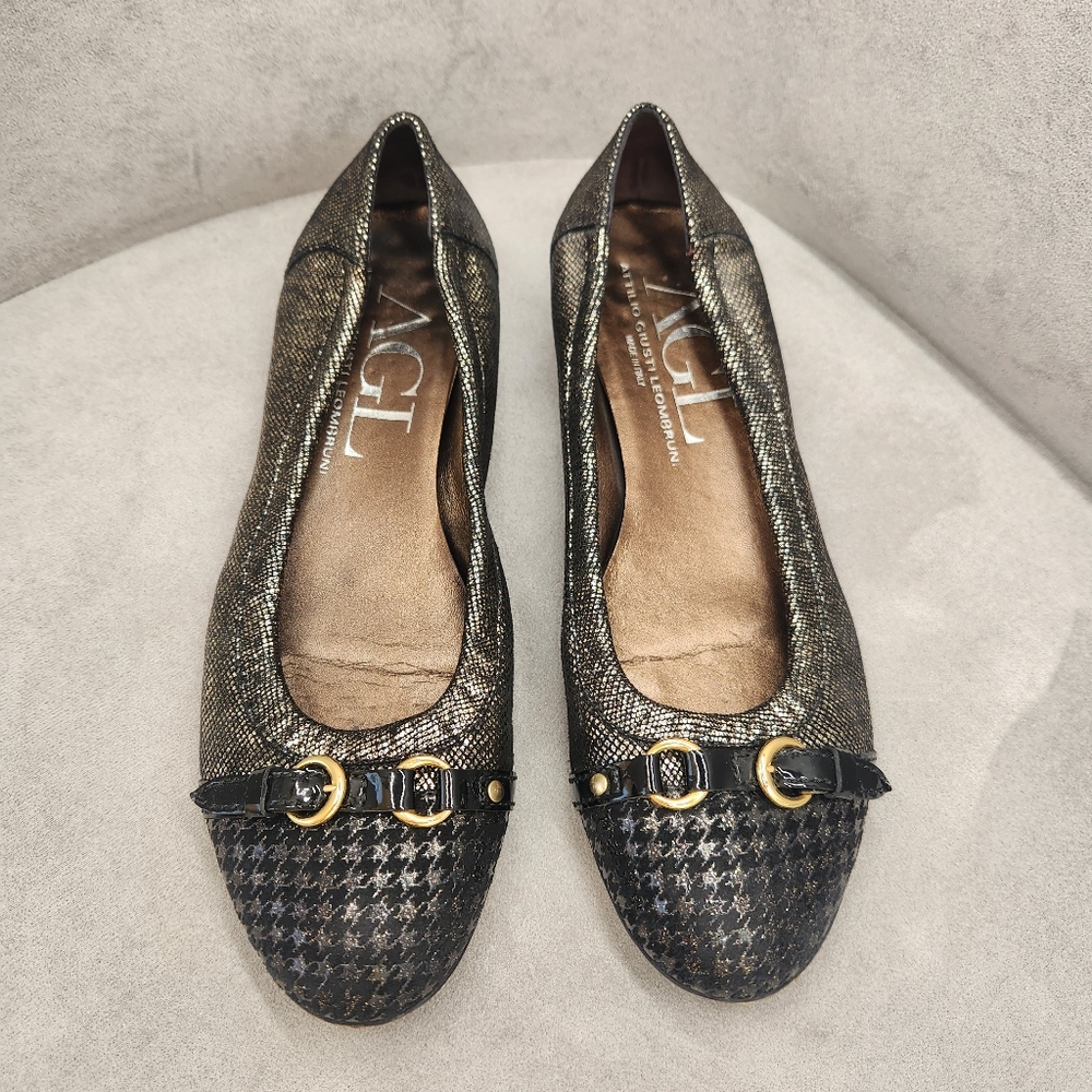 AGL Ballet Flats 9 Bronze Leather Monica Cap Toe Houndstooth Luxury Made Italy